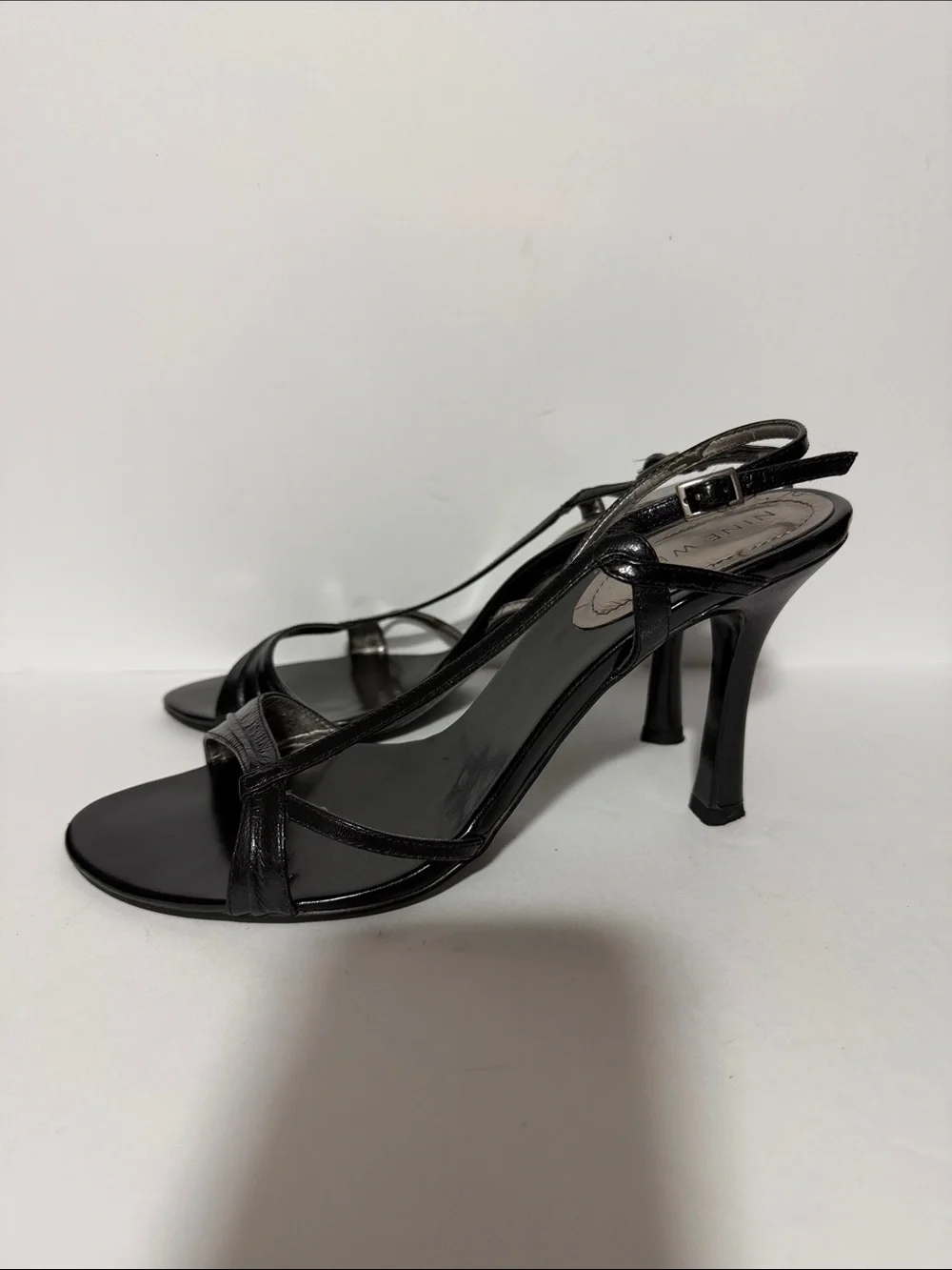 Nine West Black Metallic T-Strap Heeled Sandals
